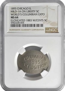 1893 Chicago Columbian Expo Elongated 1893 Liberty Nickel / NGC MS-64-Top Pop - Picture 1 of 2