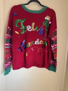 33 Degrees Sz Large Christmas 🎄 Sweater Feliz Navidad NWT Sequins Bows Bells - Picture 1 of 9