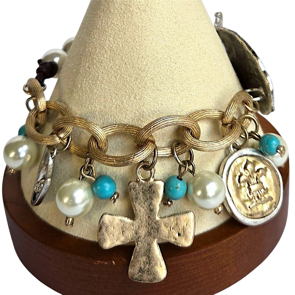 Rustic Mixed Metals Gold Silver Tone Fleur de Lis Cross Religious Charm Bracelet - Image 1 of 4