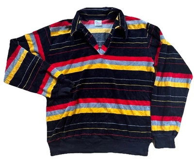 70s Vintage Campus Velour V Neck Striped Shirt Long Sleeve USA Sweater Men’s L - Image 1 of 4