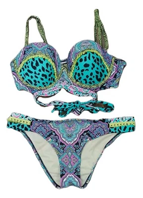 Betsey Johnson Y2K Bikini Cachemira Leopardo Flecos Turquesa Raro Conjunto de Natación Talla L Foto 1 de 4