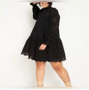 ELOQUII Womens Plus Size 24 Ruffle Collar Long Sleeves Eyelet Black Dress NWT - Picture 1 of 9