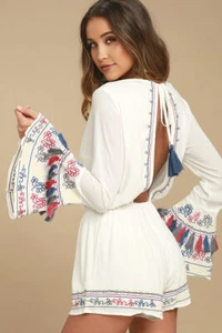 Lulus Island of Capri Embroidered Romper/Jumpsuit~Festival Beach Tassel~Large ❤️ - Picture 1 of 11