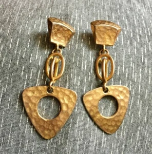 Runway Long Geometric Hoop Hammered Earrings Artisan Gold tone pierced Statement - Picture 1 of 3