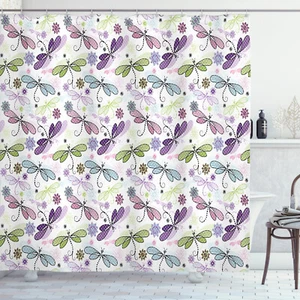 Abstract Shower Curtain Dragonflies Flowers Print for Bathroom - Picture 1 of 6