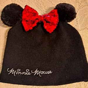 Disney Minnie Mouse Black and Red Sequins Bow Beanie Hat Size XS - Picture 1 of 4