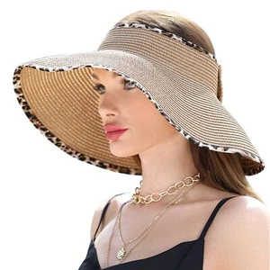 Womens Beach Straw Sun Hats Ponytail Hole Wide Brim Summer Visor Foldable Hat... - Picture 1 of 7