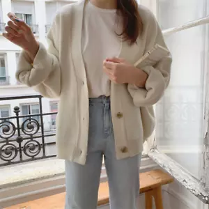 Women's Knitted Cardigan Jacket Sweater Loose Casual Solid Color Simple Top - Picture 1 of 16