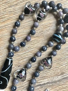 Mala Kette Edelstein Halskette Achat Jade Schwarz Grau Necklace Troddel Quaste - Bild 1 von 3