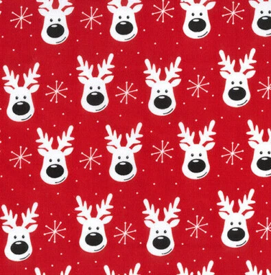 Christmas Fabric Cute Rudolph Reindeer Red Polycotton Craft Fabric Material - Image 1 of 3