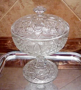 Vintage Pedestal Candy Dish Lidded Pressed Glass Flowers Leaves 8 1/4" Tall - Picture 1 of 9