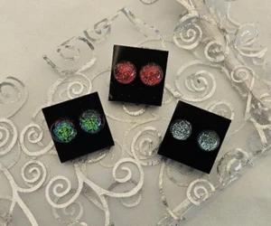 Handcrafted Fused Dichroic Glass Red, Green, Silver Stud Earrings Lot (3 pair) - Picture 1 of 3