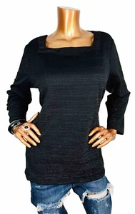 Liz Claiborne XL Top Stretch Shiny Sparkle Stripes Sweater-Like Blouse Square Nk - Picture 1 of 8