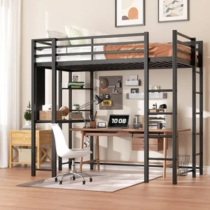 Hochbett Full Size mit Schreibtisch und Stauraumregalen, komplettes Bettgestell mit 2 Seiten... - Bild 1 von 4
