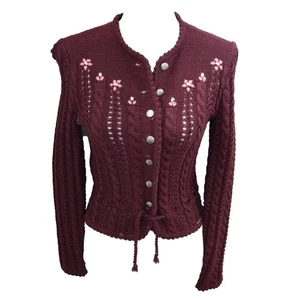 GEIGER Vintage Austrian Wool Burgundy Knit Cardigan Sweater w/Floral Accents 38 - Picture 1 of 10