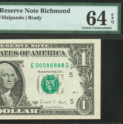 1988A $1 Federal Reserve Note PMG 64EPQ - Fancy Serial Number 00088888 - Image 1 of 3