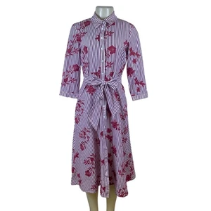 Zara Striped Floral Midi Dress Button Front Tie Waist Red & White Women Size S - Picture 1 of 9