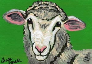 ACEO ATC Original Painting Sheep Farmyard Art  -Carla Smale - Picture 1 of 2