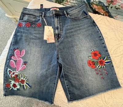 Pantalones Cortos Johnny Was Bermudas Tiro Alto Talla 32 Nuevos $295 Precioso Bordado de Cactus Foto 1 de 4