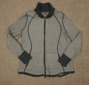 Eddie Bauer Sweater Womens XL Gray Stripe Full Zip Mock Neck Sport Cardigan - Picture 1 of 12