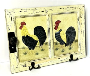 Rustic Farmhouse Roosters Wood Frame Hooks Antique Doorknob Wall Decor 21" x 15" - Picture 1 of 24