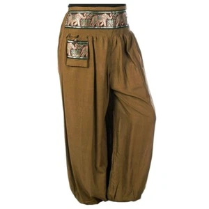 Women's Thai Elephant Harem Pants Band Belt Yoga Brown Baggy Aladdin Smock Rayon - Picture 1 of 3