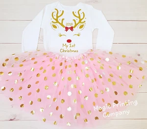 Girls Baby 1st Christmas Reindeer Outfit Tutu Costume gold top Polka Dot Skirt - Picture 1 of 1