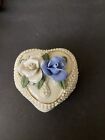 Vintage Valentine  Heart Shape Trinket Box W/Flowers - Ceramic.