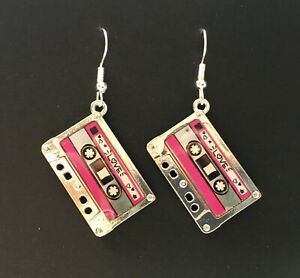 Silver and Neon Pink coloured dangle earrings, Tape Cassette, Retro, 80's