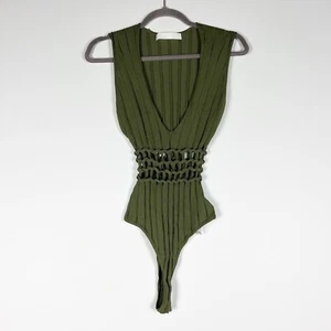 Dion Lee Braided Detail Crochet Deep V Neck Sleeveless Bodysuit Olive Green 4 - Bild 1 von 4