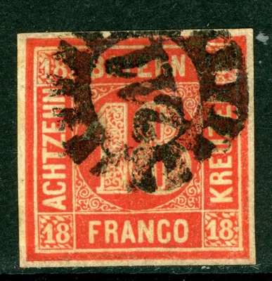 Alemania Estados 1862 Baviera 18 Kr Vermilion Red Scott #14 VFU H727 Foto 1 de 4