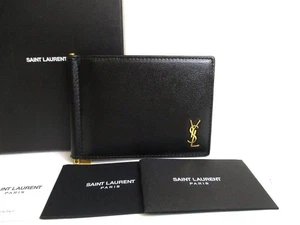 Auth Saint Laurent YSL Black Leather Gold H/W Bifold Bill Wallet #a850 - Picture 1 of 12