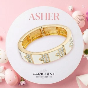 Park Lane Asher Stretchy Bracelet White Enamel Goldtone Crystals - Picture 1 of 2