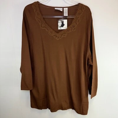 Jaclyn Smith Lace Trim Top Brown Knit Long Sleeve 2X Fairy Grunge GoblinCore NEW - Image 1 of 4