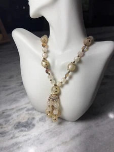 Vintage Gold Splatter/White Beads, Aurora Borealis, Dangle Beaded Necklace 24” - Picture 1 of 8