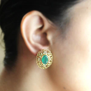 Green Onyx 22kt Gold Plated Silver Stud Designer Filligree Work Studs - Picture 1 of 10
