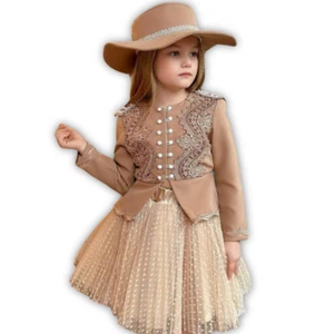 Beige Lace Bodice Dress with Pleated Skirt & Hat for Girls (5-6 Years) - Picture 1 of 1