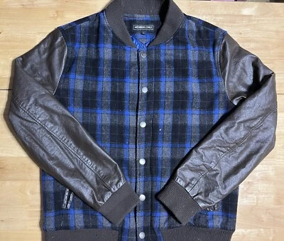 VNTG 1980s Members Only Blue Black Plaid Brown Faux Leather Jacket Large Bomber - Image 1 of 4