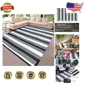 Elegant Black & White Striped Reversible Rug - Perfect for RV & Camping - Picture 1 of 9