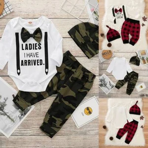 3PCS Newborn Baby Boys Camo Bodysuit Romper Tops Pants Hat Clothes Outfit Set - Picture 1 of 11