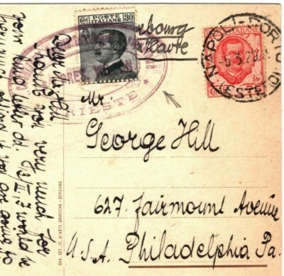ITALY Naples via Trieste STEAMSHIP CACHET USA Philadelphia Card 1929 BH164 - Image 1 of 4