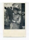 Smiling boy in uniform with pony, old postcard, Talbott-Eno Co, Des Moines