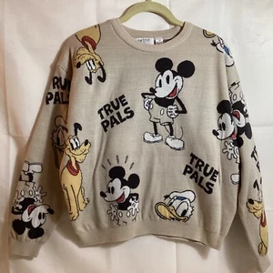 H&M US (16/18) youth Disney Mickey Mouse Donald Pluto Knit Sweater tan GREAT - Picture 1 of 9
