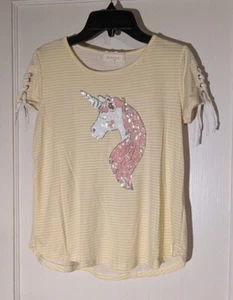 Girls "Btween" Yellow, White Striped Unicorn T-Shirt, Lace Up Sleeves in Size 12 - Picture 1 of 9