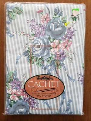 Vtg Cottage Floral Stripe Vinyl Tablecloth Flannel Backed Cachet Oval Farmhouse - Image 1 of 4