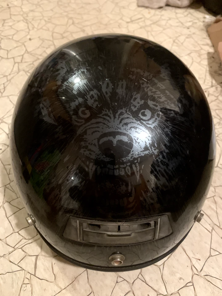 90s black motorcycle half helmet size XS wolf graphic print DOT - Image 1 of 1