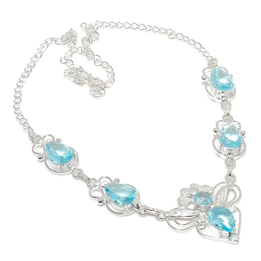 Collar Joyería Plata Esterlina 925 Hecho a Mano Piedras Preciosas Aguamarina Azul Talla 18" Foto 1 de 1