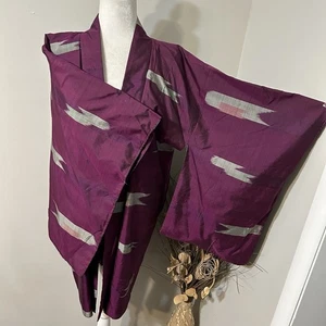 Vtg Japanese Haori Kimono Jacket Meisen Silk Deep Purple & Gray Pattern Lined - Picture 1 of 16