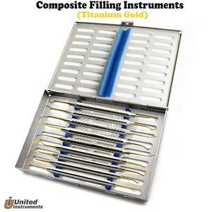 9 Gold Komposit Dental Füllungsinstrumente mit Kassette Spachtel Schnitzer Sonde - Bild 1 von 8