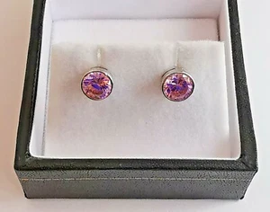 JUEGO DE ARETES REDONDOS CIRCONITAS CÚBICAS ROSA 9ct 375 ORO BLANCO 6mm bisel - Imagen 1 de 12
